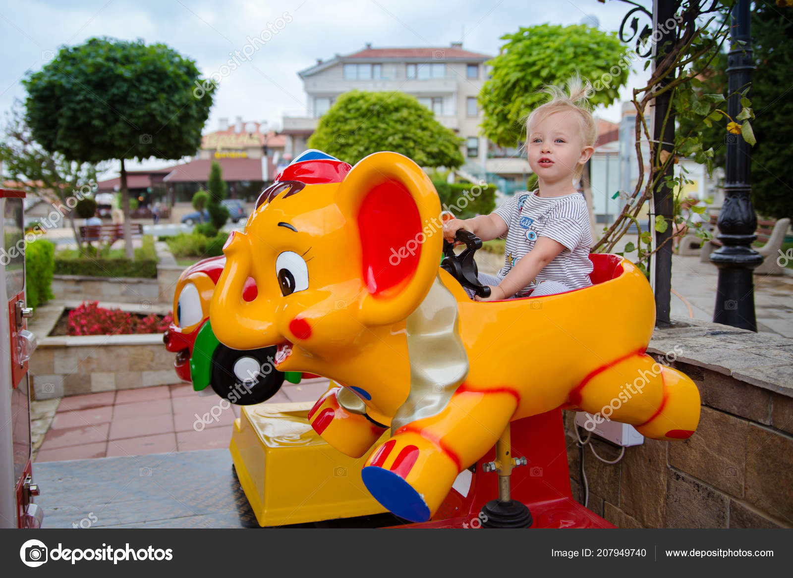 Little Cute Baby Girl Riding Amusement Park — Stock Editorial Photo ...