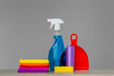 Renkli nötr ev temizliği için araçlar kümesi. Bahar temizliği kavramı. Kopya alanı.