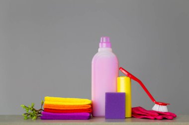 Renkli ev ve twigs tarafsız zemin üzerine yeşil yaprakları ile temizlik için araçlar kümesi. Bahar temizliği kavramı. Kopya alanı.