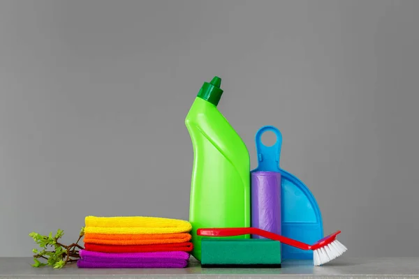 Colorful set of tools for cleaning the house and twigs with green leaves on neutral background. The concept of spring cleaning. Copy space.