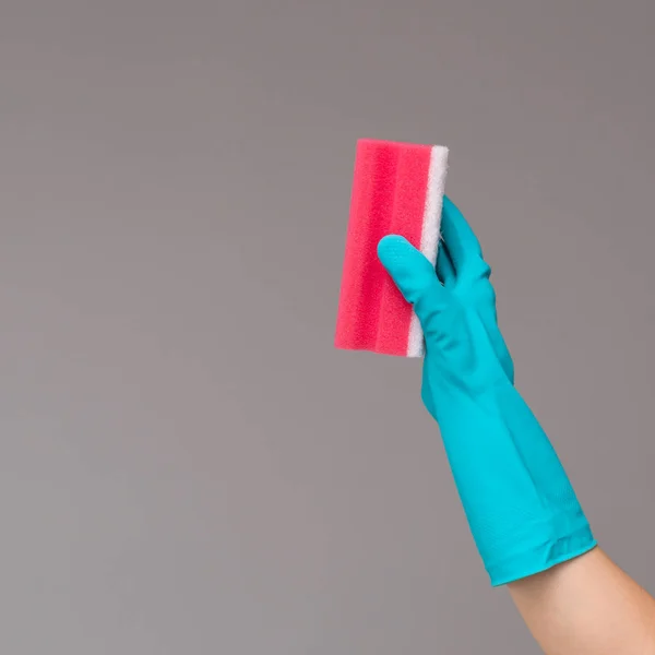 Χέρι Καουτσούκ Γάντι Κατέχει Σφουγγάρι Πλυσίματος Χρώματος Ουδέτερο Φόντο Έννοια — Φωτογραφία Αρχείου