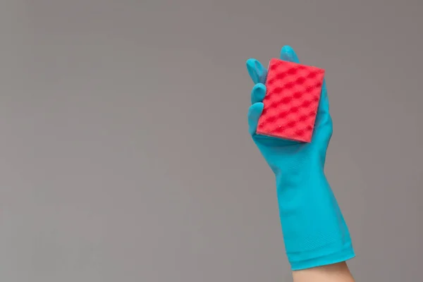 Hand Gummihandschuh Hält Farbwaschschwamm Auf Neutralem Hintergrund Das Konzept Des — Stockfoto