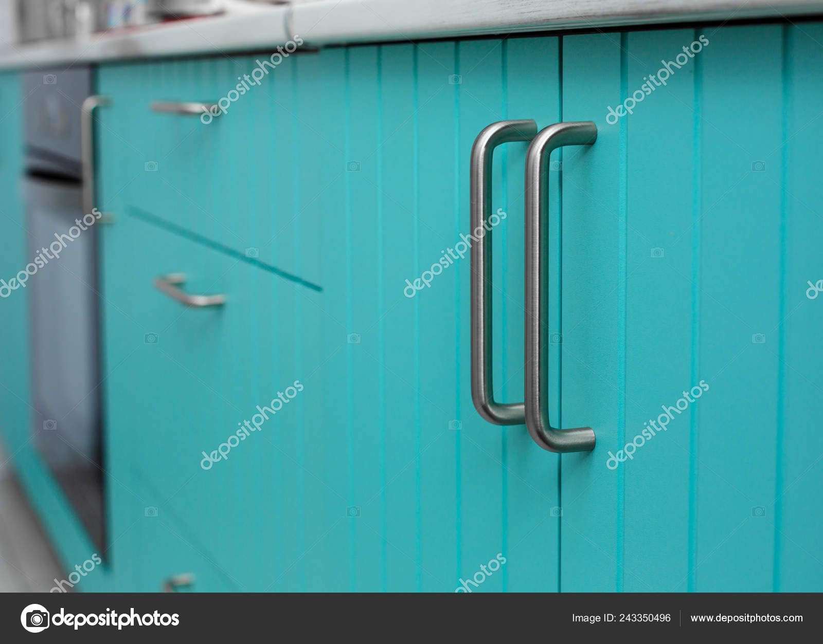 Blue Wooden Facade Kitchen Cabinets Made Thin Strips Chrome