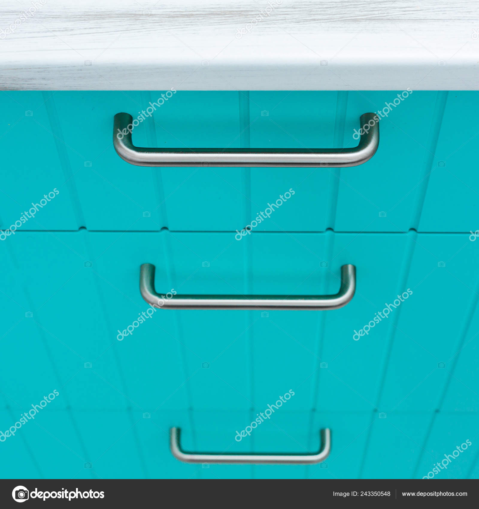 Blue Wooden Facade Kitchen Cabinets Made Thin Strips Chrome