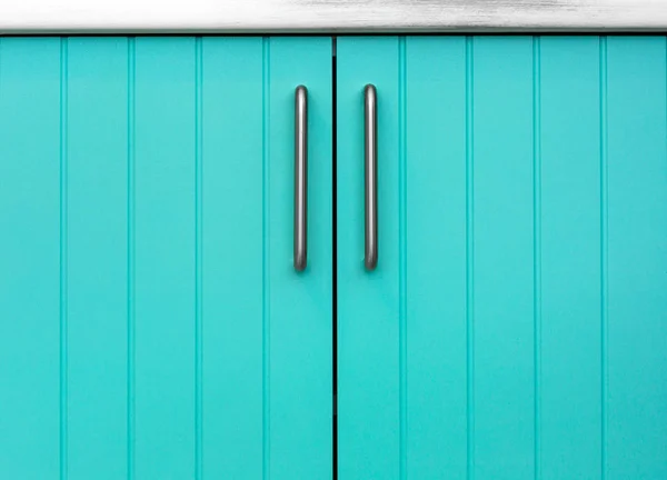 Blue wooden facade of kitchen cabinets made of thin strips with chrome handles. — Stock Image Blue Wooden Facade Kitchen Cabinets Made Thin Strips Chrome Handles Royalty Free Stock Images