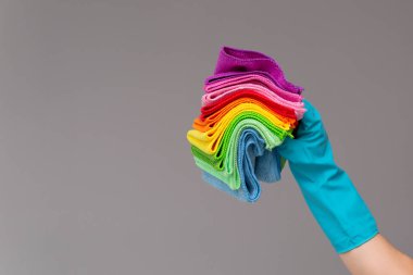 Bir elinde bir lastik eldiven tarafsız bir arka plan üzerinde renkli mikrofiber bezler bir dizi tutar. Parlak bahar, bahar temizliği kavramı.