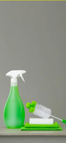 Conjunto Verde Produtos Limpeza Ferramentas Para Limpeza Molas — Fotografia de Stock