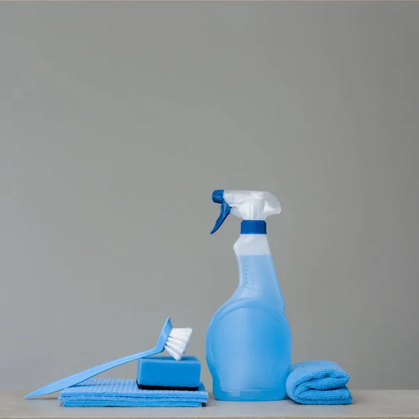 Pulizia Spray Blu Bottiglia Con Dispenser Plastica Spugna Pennello Piatto — Foto Stock