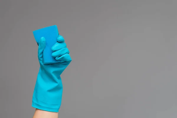 Hand Rubber Glove Holds Color Wash Sponge Neutral Background Concept — Stock Photo, Image