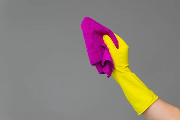 Hand Rubber Glove Holds Bright Microfiber Duster Neutral Background Concept — Stock Photo, Image
