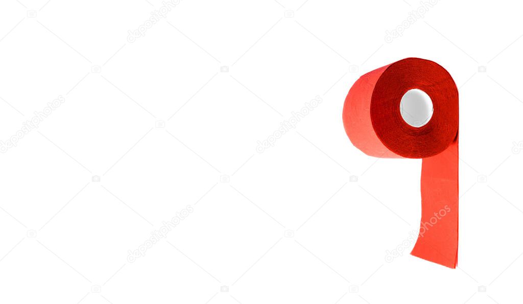 Roll of red coral toilet paper isolated on white background.