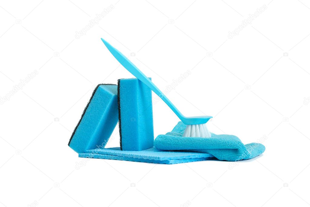 A set of tools for cleaning the kitchen blue. Isolated on white background. Place for text.