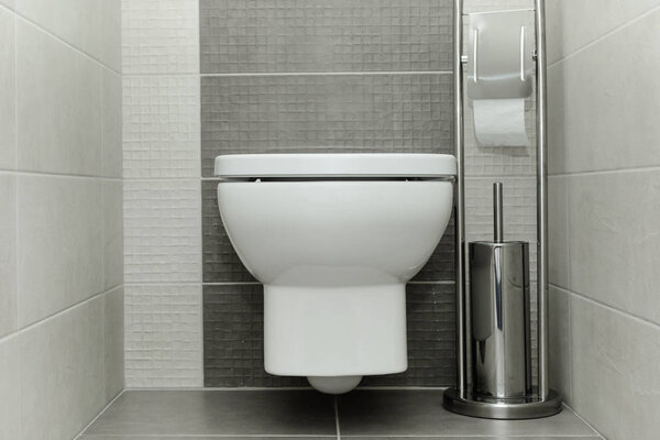 White toilet bowl in modern bathroom with paper holder and toilet brush.
