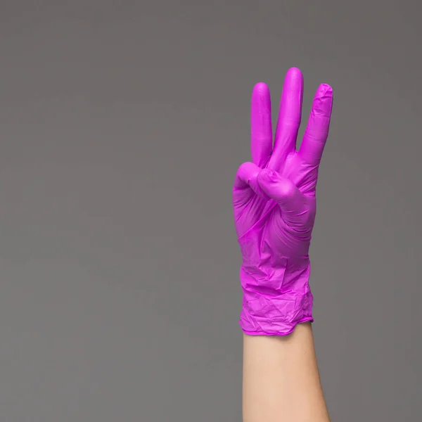 Hand Surgical Glove Shows Three Fingers Neutral Background Copy Space — Stock Photo, Image