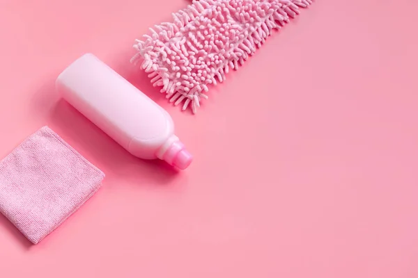 Cleaning Kit House Pink Pink Background Copy Space — Stock Photo, Image