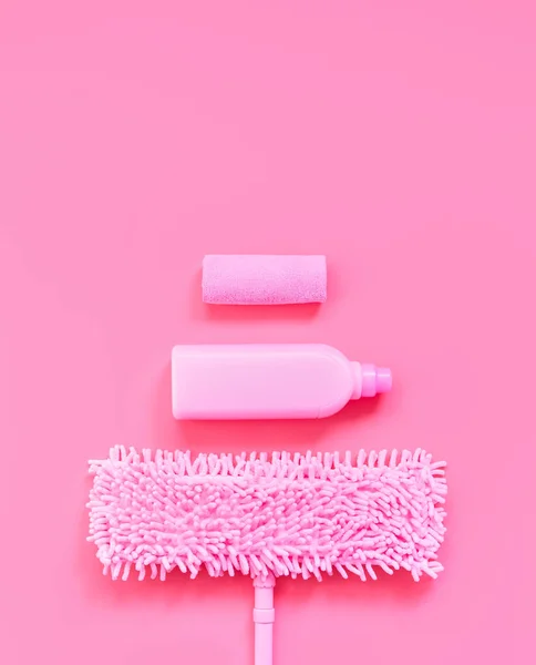 Mop Rag Detergent Pink Set Pink Background Spring Cleaning Copy — Stock Photo, Image
