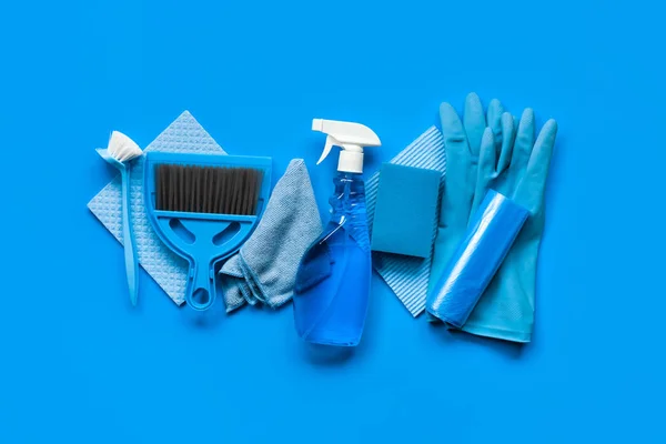 Blue Set Spring Cleaning House Rags Bottle Cleaning Agent Rubber — Stock Photo, Image