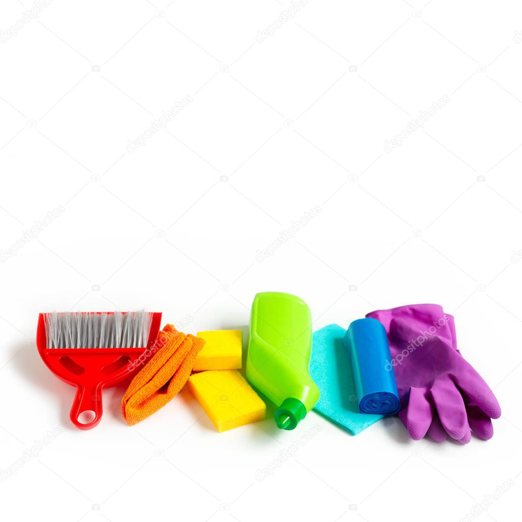 Rainbow set for bright spring cleaning in the house. The concept of spring. Copy space.