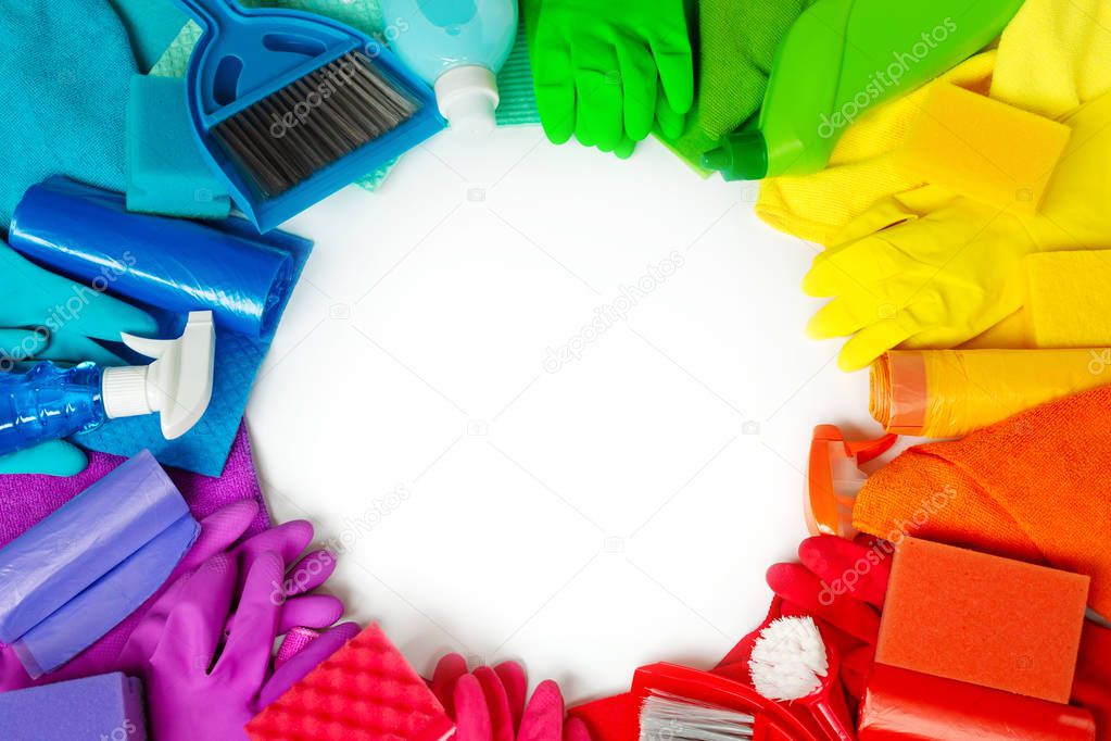 Rainbow set for bright spring cleaning in the house. The concept of spring. Copy space. Isolated on white background.