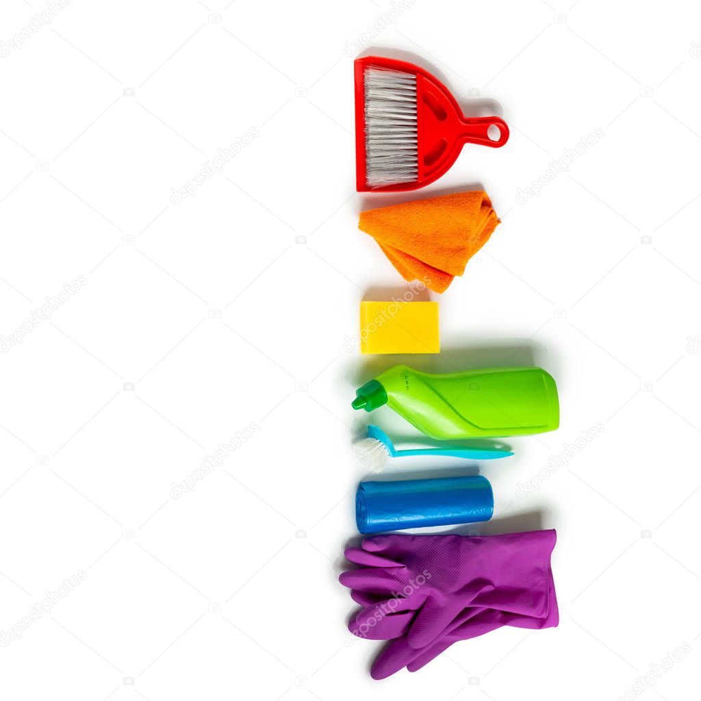 Cleaning Products and tools isolated on white background. Flat lay. Spring cleaning concept.