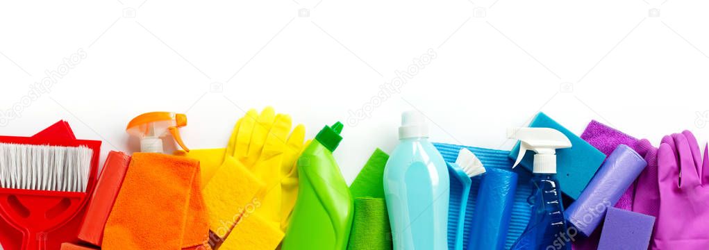 Rainbow set for bright spring cleaning in the house. The concept of spring. Copy space. Isolated on white background. 