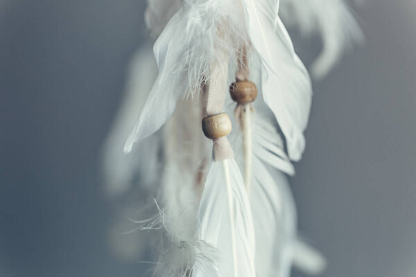 Plumage and beads of a Native American Dreamcatcher. Close up. Selective focus.