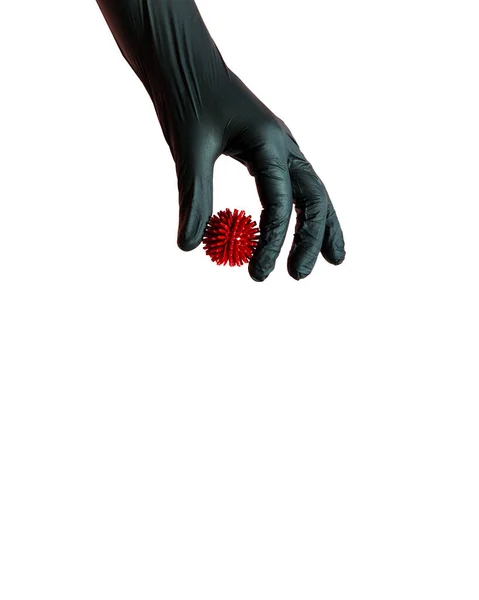 Hand Protective Black Glove Holds Model Covid Virus Isolated White — Stock Photo, Image