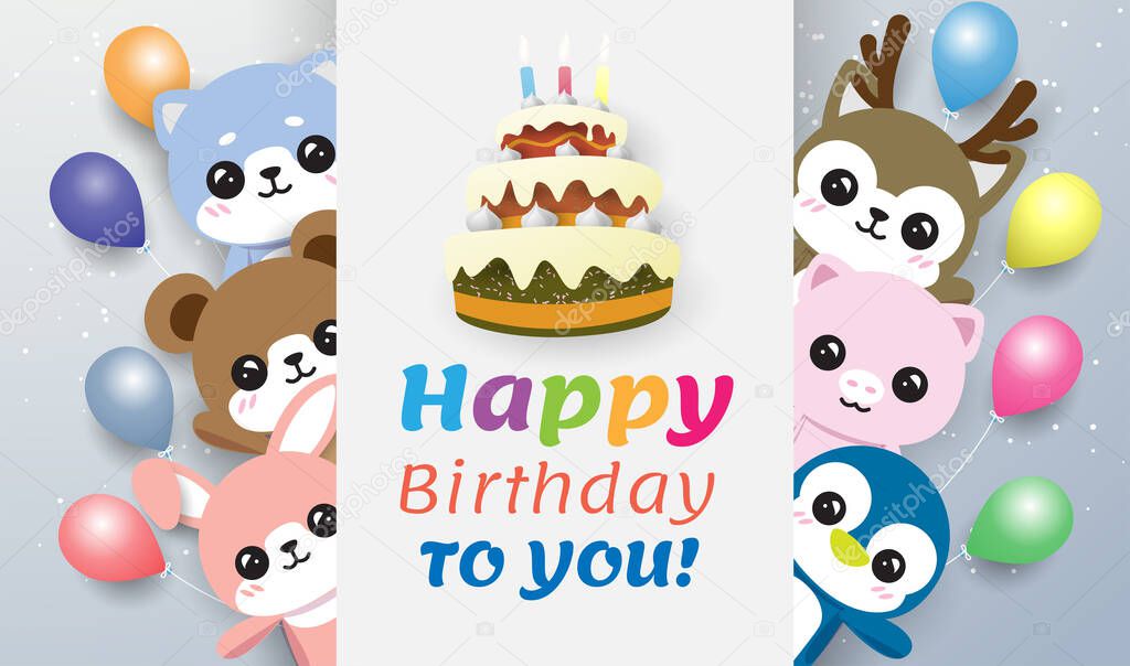 rabbit, bear,penguin,pig,raindeer and dog behide a card cake happy birthday to you with colorful balloon . On the blue-green background