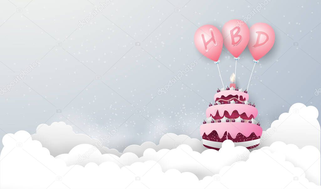 pink cake happy birthday fly by pink balloon over the cloud On the blue-green background