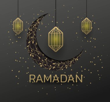 altın lamba güzel bayram mübarek altın dekoratif ay selamlaması .raamazan altın ay karınca yıldızı siyah arka planda .premium