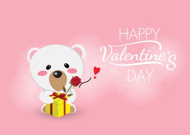 Beyaz ayı kucaklaması kırmızı gül ve sarı hediye kutusu pembe arka planda, Sevgililer günün kutlu olsun. .