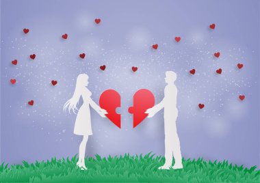 Çiftler aşk için kalp bulmacası tutarlar. Dijital el sanatları. Kağıt sanatı ve zanaat stili..