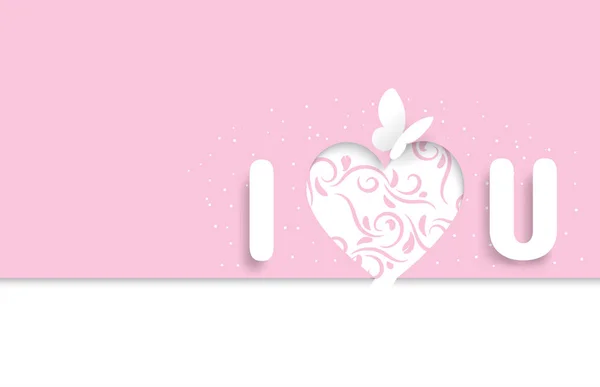 私の言葉あなたと蝶紙のように見えるカット ハート型とツタのピンクの背景を持つ バレンタインデー 結婚式 — ストックベクタ
