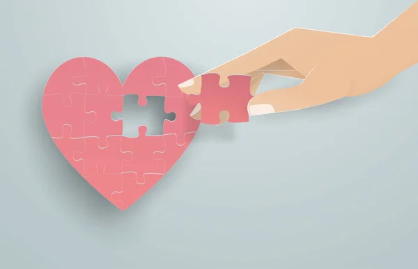 Les Mains Des Personnes Tenant Des Puzzles Roses Forme Coeur — Image vectorielle