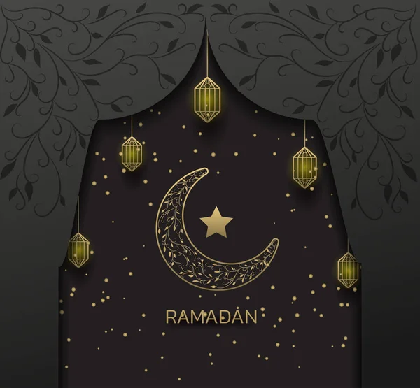 Cinque Lampada Oro Bella Eid Mubarak Luna Decorativa Dorata Greeting — Vettoriale Stock