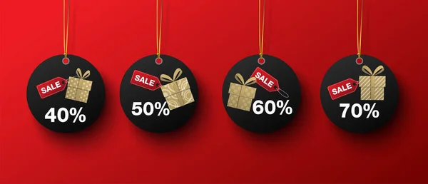 Schwarzes Etikett Einkaufen Gold Geschenkverkauf Auf Rotem Hintergrund — Stockvektor