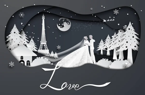 Papier Style Coupe Couple Amour Père Noël Claus Noël Bonne — Image vectorielle