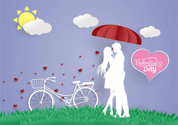 Jovem Abraçar Seu Amante Com Bicycle Marry Valentine — Vetor de Stock