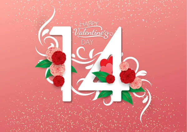 Feliz Dia Dos Namorados Caligrafia Fundo Rosa Com Rosa Vermelha — Vetor de Stock