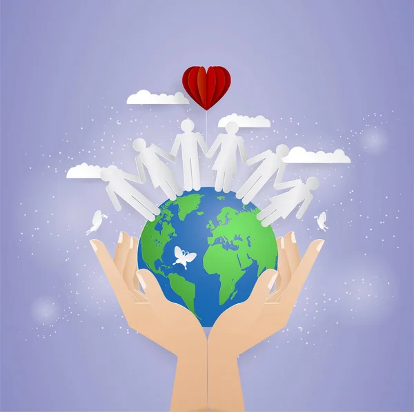 Two Hand Holding World People World Nature World Population Day — стоковый вектор