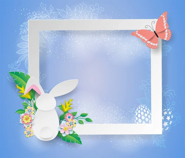 Blanc Lapin Pâques Jour Oeuf Cadre Avec Papier Fleur Sur — Image vectorielle