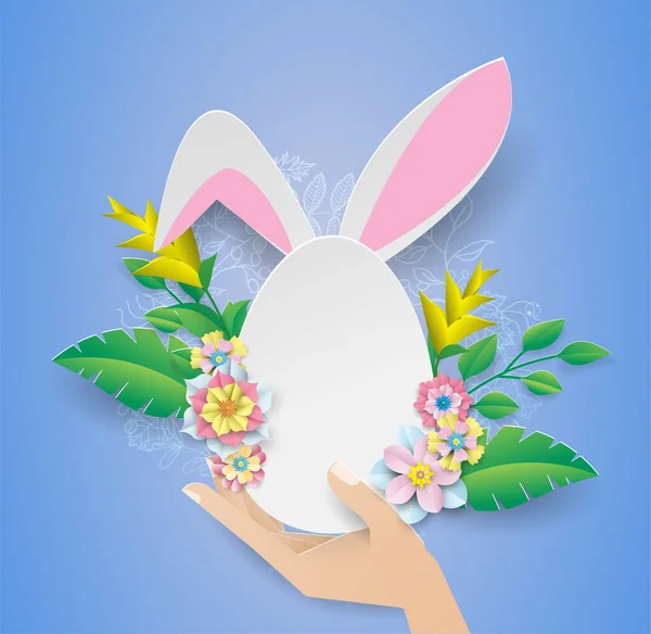 Easter Day Egg Frame Paper Flower Hand Blue Background — Stock Vector