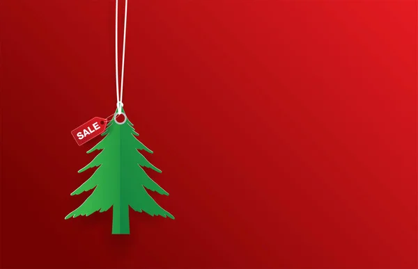 Étiquette Verte Arbre Noël Vente Sur Fond Rouge Noël — Image vectorielle