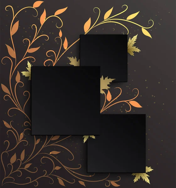 Three Black Frame Background Golden Ivy Pattern Black Gradient Background — Stock Vector