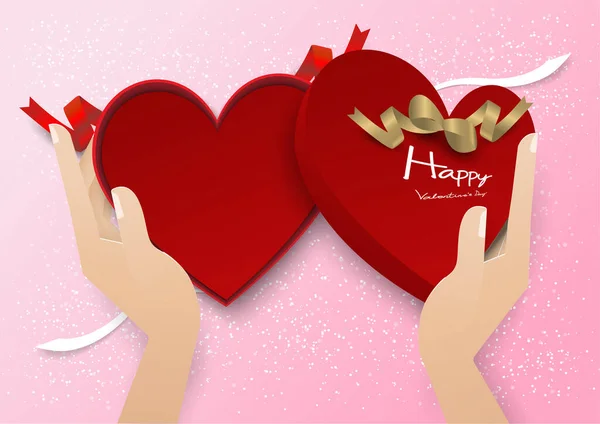 Caixa Presente Coração Vermelho Aberto Duas Mãos Com Fita Vermelha — Vetor de Stock