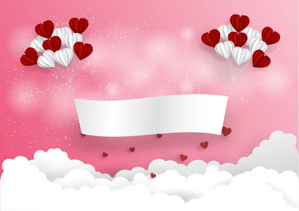 Blanco Etiqueta Volar Por Globo Del Corazón Rosa Background Vector — Archivo Imágenes Vectoriales