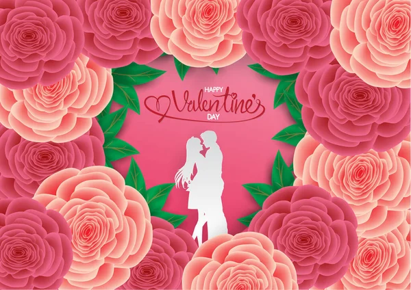 Pár Láska Objetí Růže Tvar Srdce Vector Paper Umění Řemeslné — Stockový vektor
