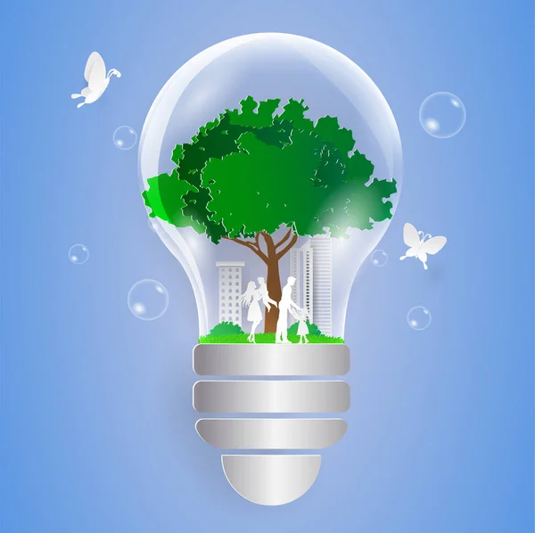 Concept Sauver Nature Arbre Avec Familly Dans Ampoule Style Art — Image vectorielle