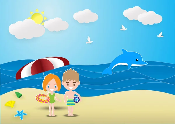 Couple Love Beach Sand Summer Sun Blue Dolphin Cloud Vector — Stock Vector