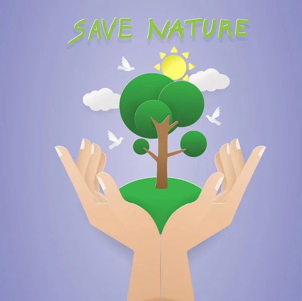 人类两只手牵着树 拯救自然 生态和地球日概念 矢量插图 数码工艺 — 图库矢量图片